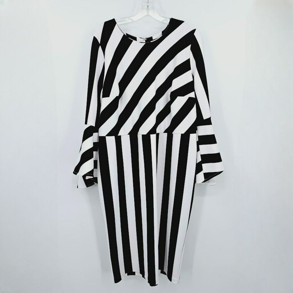Eloquii Dress 16 Black White Stripe Flare Sleeve Body Hugging Bodycon Scuba Plus - Picture 12 of 13